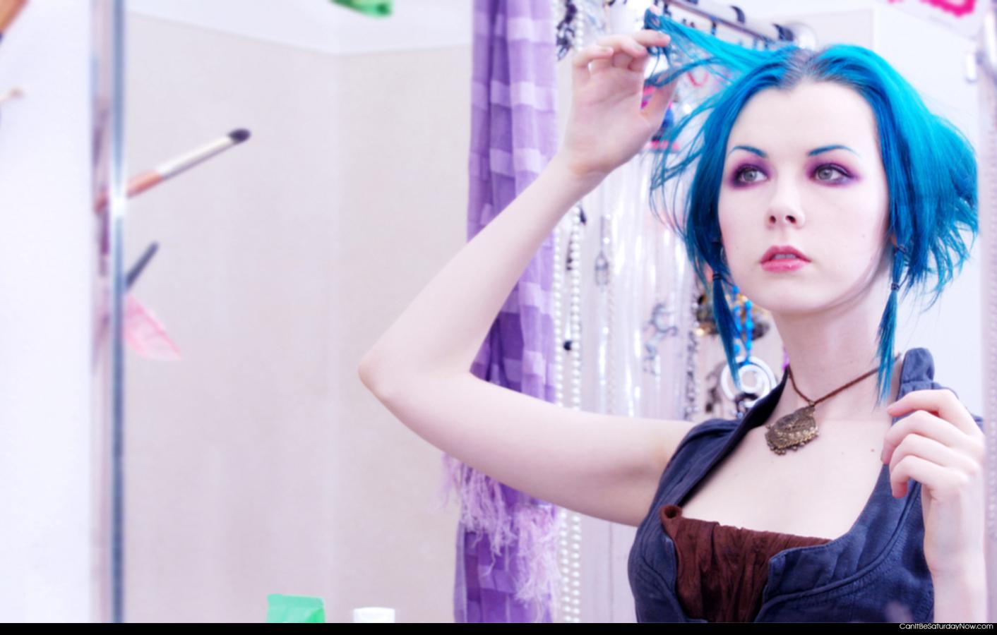 Blue hair girl - maybe she messed with the hue or maybe shes just died it. Still hot